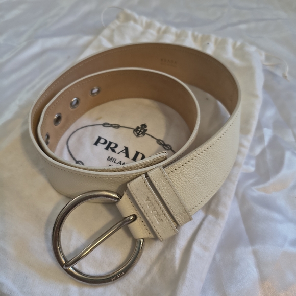 Prada Accessories - Prada Cream Leather Belt With Silver Hardware Sz 34 US
